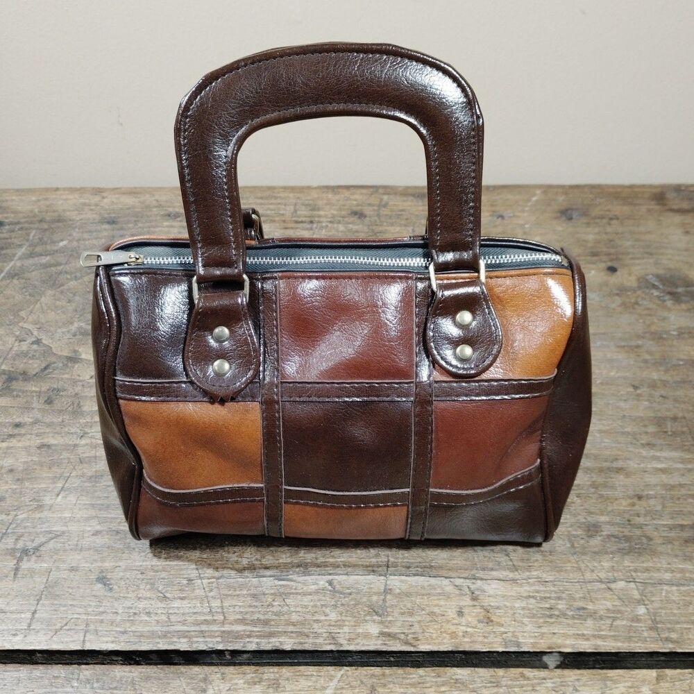 Vintage Sirco Corporation Brown Purse Satchel Bag MCM 1970's Patchwork Square - Picture 1 of 14